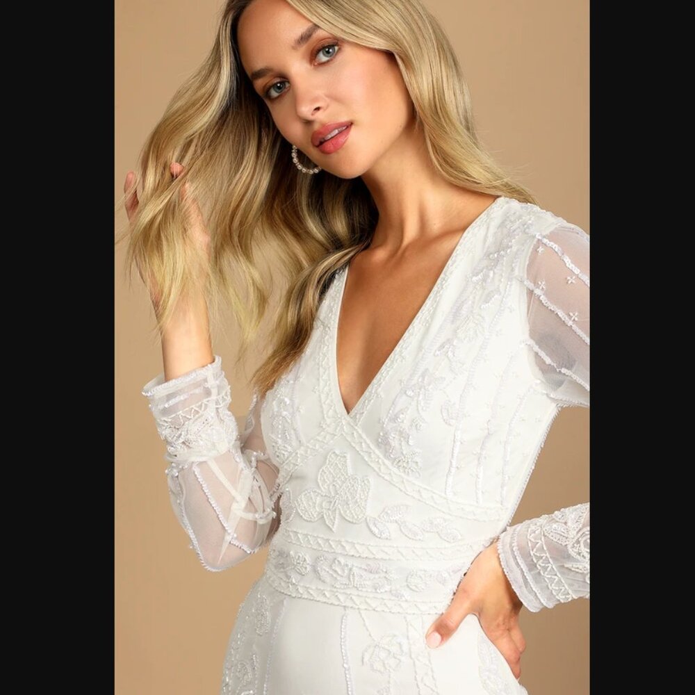 NWT - Lulus Luxe Bridal - White Beaded Long Sleeve Maxi Dress - Size Small - Picture 2 of 15